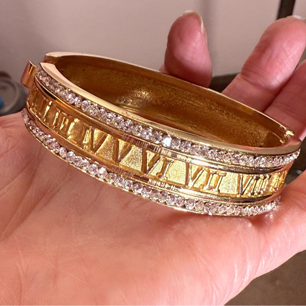 Vintage 1990 Iconic Runway Roman numerals matte Gold Wide Clamper Bracelet